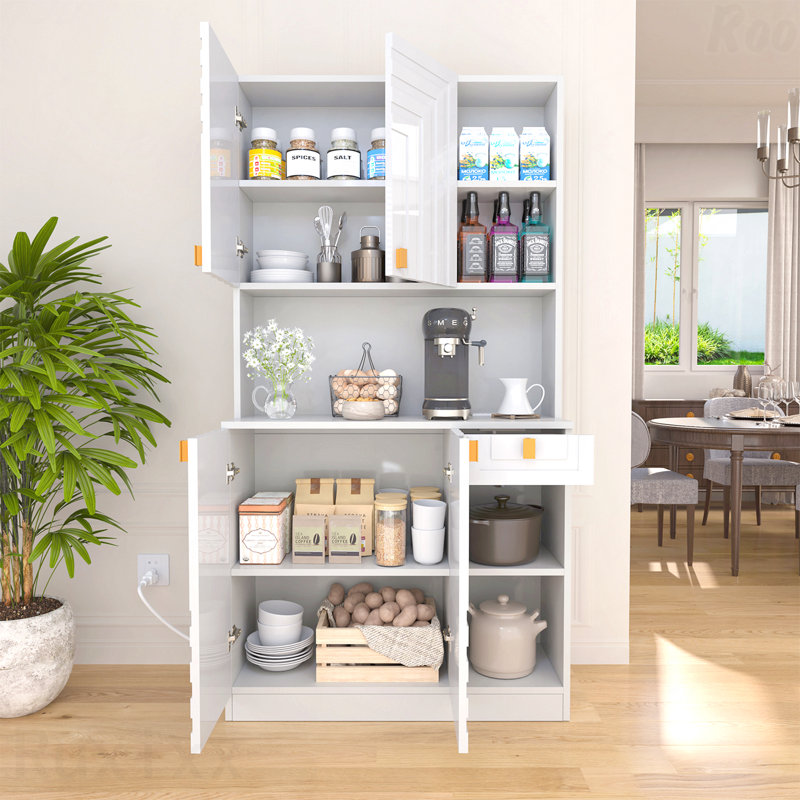 70" High Gloss White Wooden Kitchen Microwave Stand Hutch Pantry Cabinet For Living Room With Storage And Charging Station