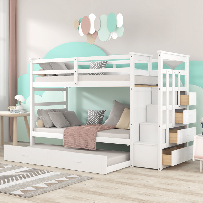 Felipita Kids Twin Over Twin Bunk Bed with Trundle with Drawers, White