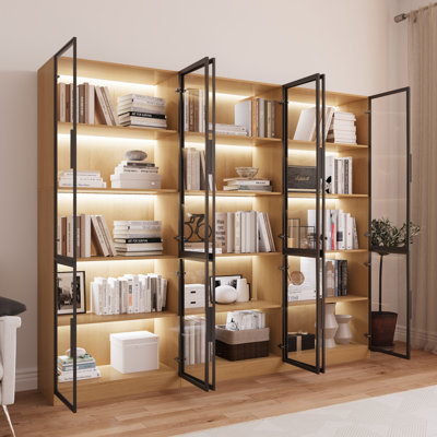 94.5 '' W Combination Bookcase With Glass Doors And Led Lights, Display Cabin With 5-tier Shelveset
