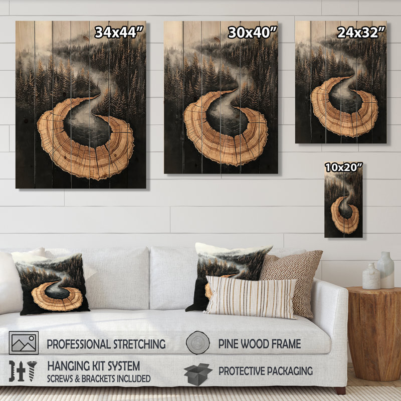 Forêt foncée liquide Gem River III - décoration murale en bois de forêt - sur bois de pin naturel