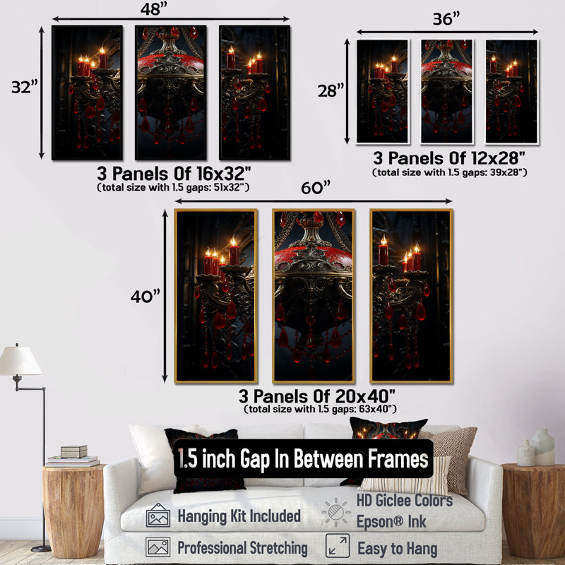 «Red Gothic Luminary Grace» - lustre, art mural, Cadre flottant doré, H 28 po x l 36 po x P 1 po