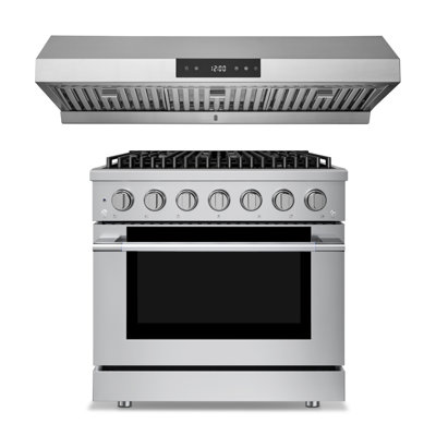 Hauslane Stainless Steel 36 Inch Range Hood Under Cabinet Ps18 With 36 Inch 5.2 Cu. Ft. Dual Fuel Range 6 Burners Up To 20,000 Btus