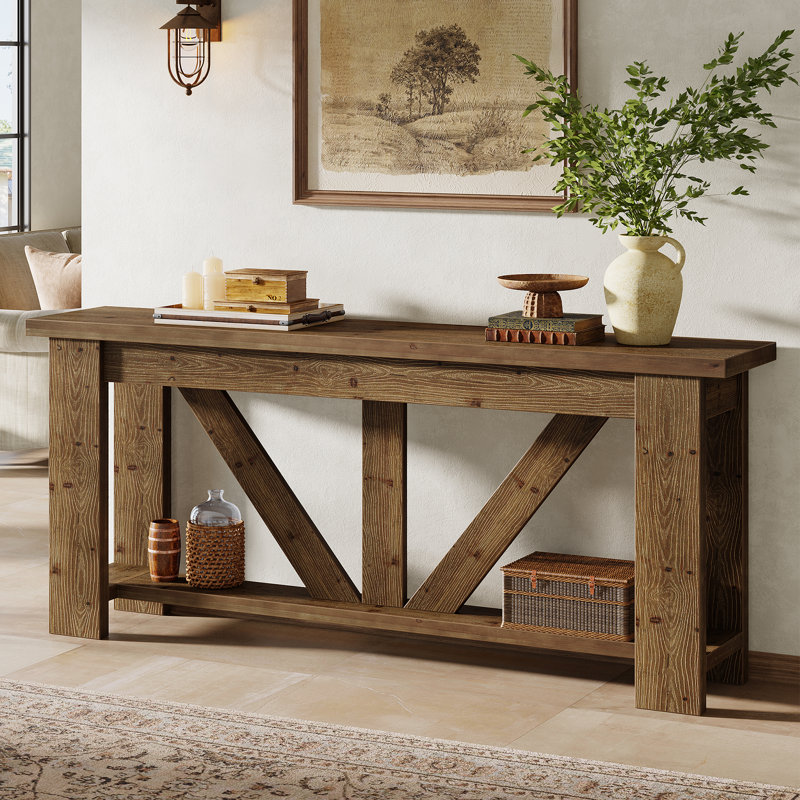 Console en bois massif 70,9 pouces avec rangement, table d'entrée à 2 niveaux