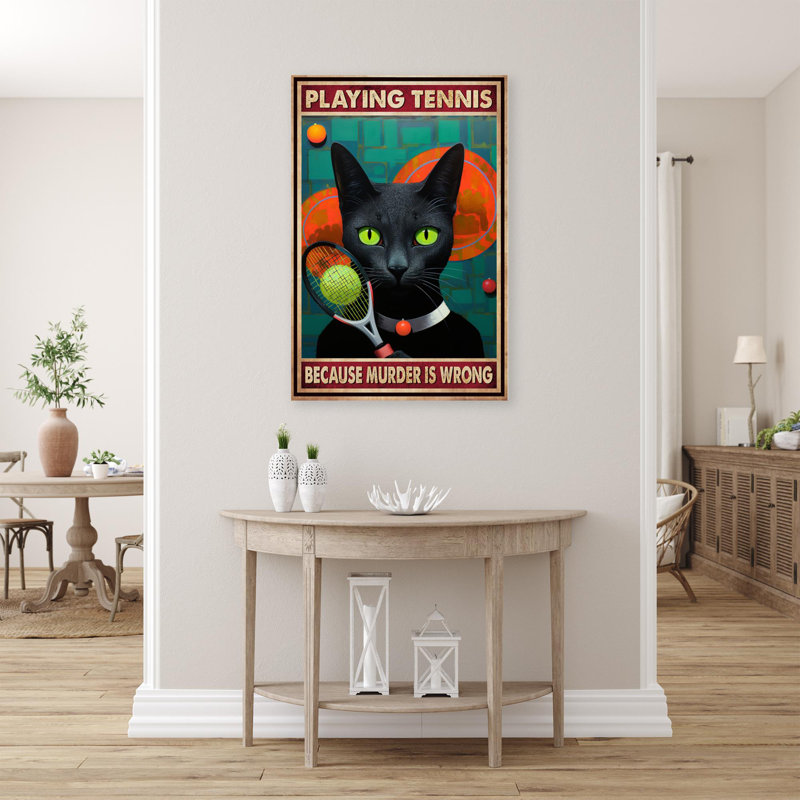 Chat noir jouant au tennis sur toile, H 36 po x l 24 po x P 1,25 po