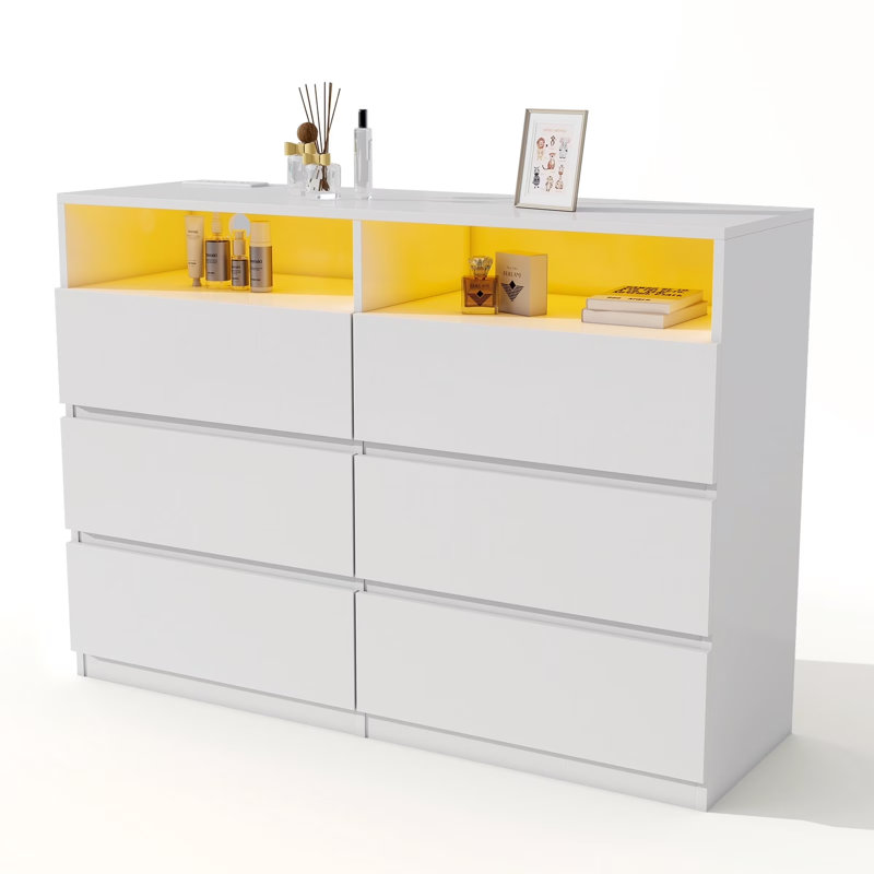 Modern 6 Drawer Dresser With LED Lights & Charging Station, Storage Organizer With Open Shelf For Bedroom, Dressing Room & Living Room