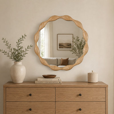 Marka 24" Vintage Round Solid Wood Framed Wavy Organic Design Wall Mounted Vanity Mirror