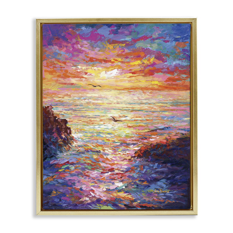 «Vibrant Abstract Ocean Sunset» encadré sur toile par Leon Devenice, Cadre flottant métallique doré, H 31 po x l 25 po