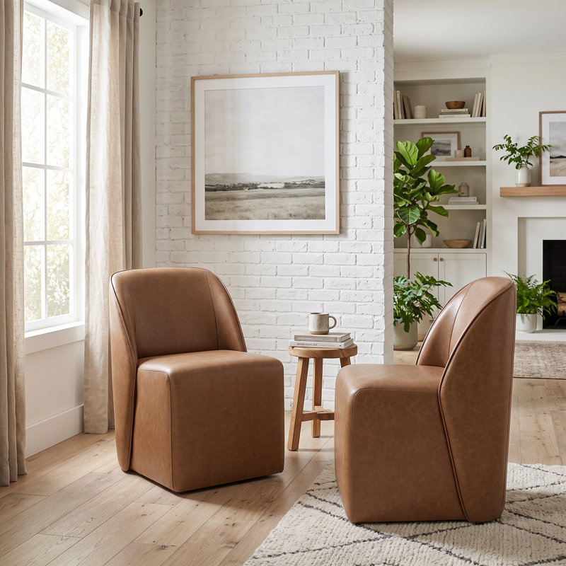 Fully Upholstered Dining Chair with Casters, Saddle Brown