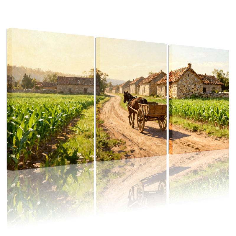 Ensemble de 3 reproductions d'art mural sur toile paysage urbain avec charrette à cheval et champs, H 18 po x l 36 po