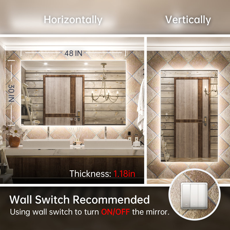 Chrisna LED Backlit Frameless Lighted Bathroom Vanity Mirror Wall Mirror 3 Color Adjust Dimmable Anti Fog, 30" x 48"