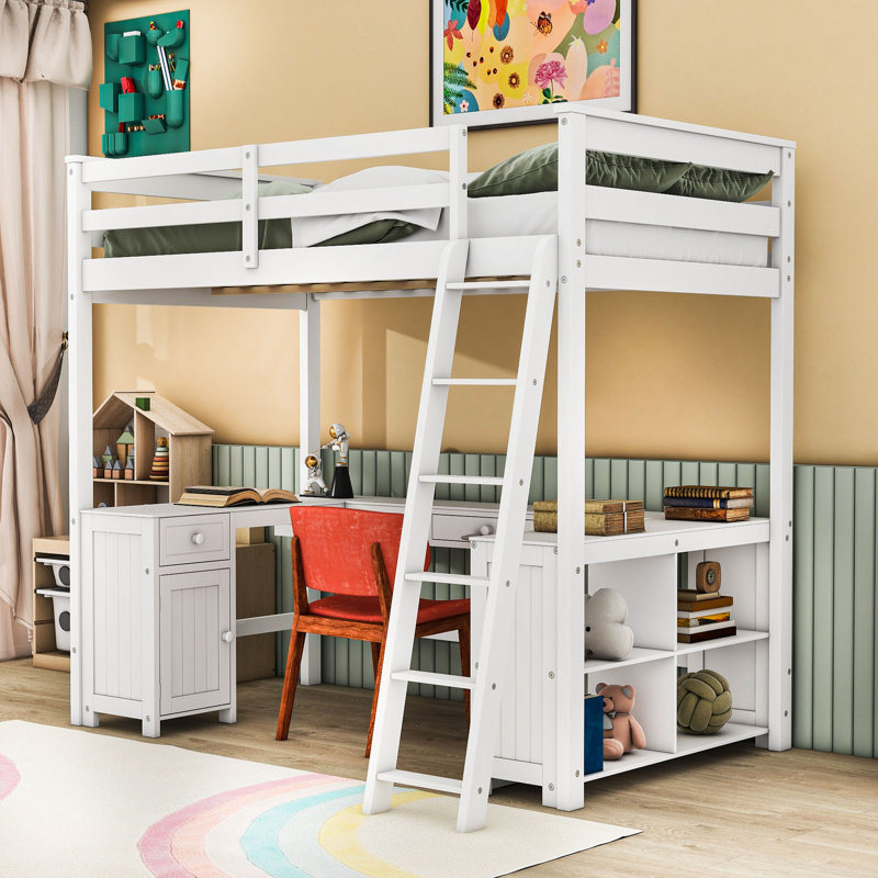 Lit mezzanine avec bureau en U et tablettes de rangement, Double, Blanc