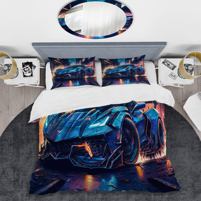 Ensemble de housse de couette en microfibre / polyester bleu et noir Exotic Car Velocity II
