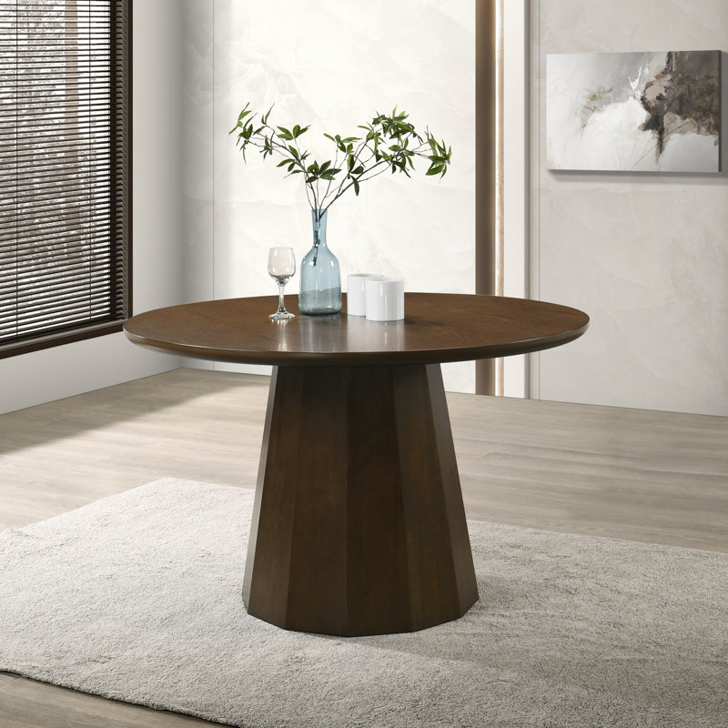 Round Dining Table 47.2" with Oak Veneer Top, 12-Faceted Pedestal Base, 4-Person Kitchen Table for Small Spaces