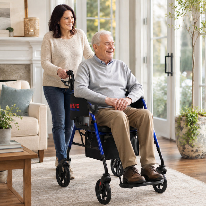 Déambulateur roulant mobilité avec siège pour personnes agées, déambulateur léger et pliable, grandes roues avant en nid d'abeilles amortissant les chocs de 10 po pour tout terrain, capacité de poids de 300 lb, bleu