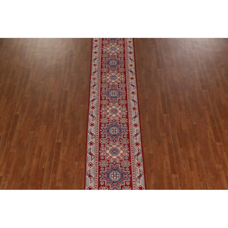Handmade Kazak Geometric Runner Rug 3x19
