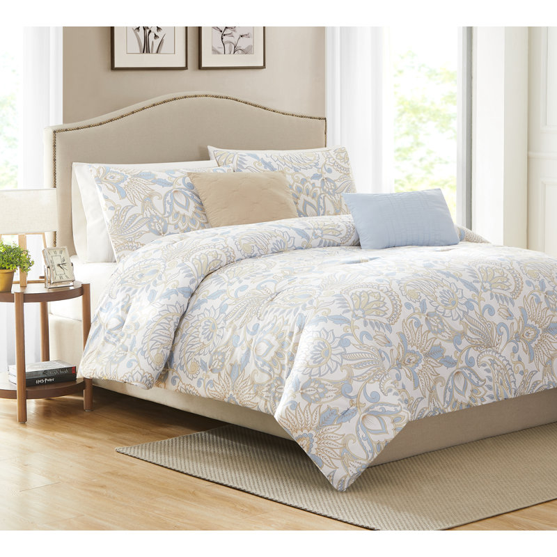Ensemble d'édredon réversible en microfibre beige 5 pièces Jenna, Édredon pour grand lit + 2 taies décoratives