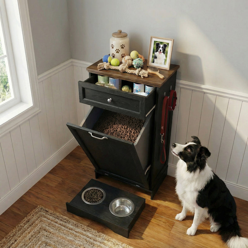 Station d'alimentation pour chien avec 2 bols, armoire de rangement inclinable pour chien avec tiroir, station d'alimentation cachée pour animaux