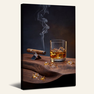 Whisky avec glace et cigare sur toile, art mural