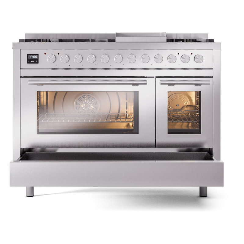 ILVE Professional Plus II 48 Dual Fuel Range, 8 Sealed Burners, Griddle (Stainless Steel), Stainless Steel, Liquid Propane