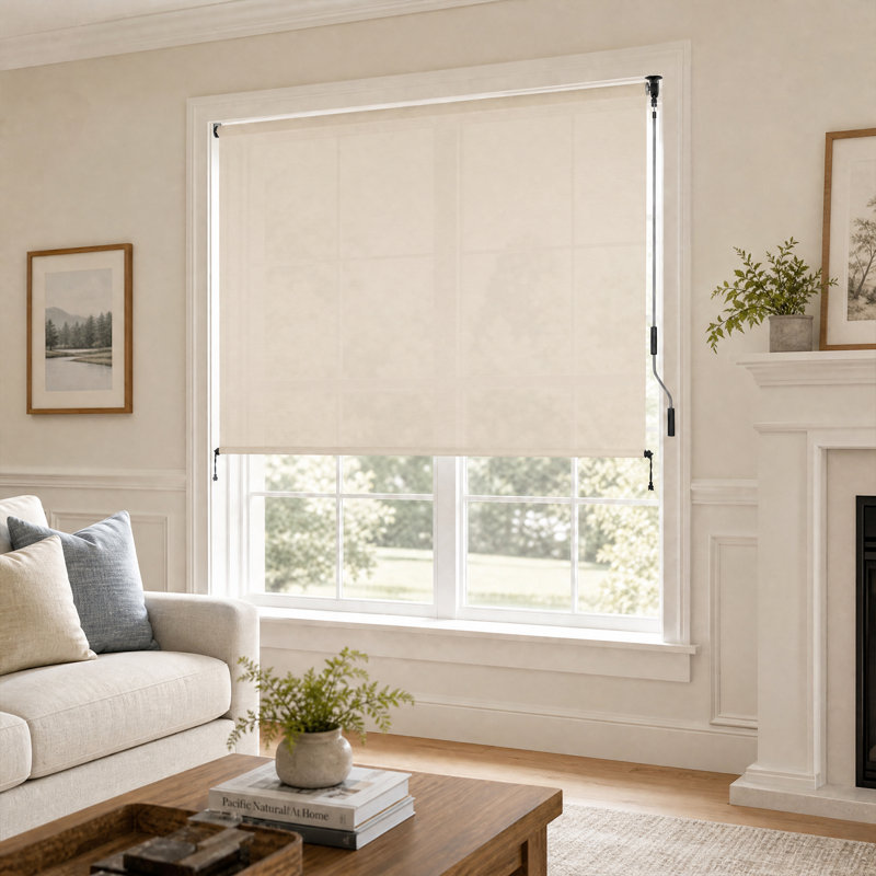 Store enrouleur extérieur semi-transparent, store solaire en tissu à manivelle sans cordon, l 60 po, Beige