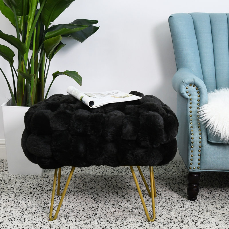 Deya Upholstered Ottoman, Black Faux Fur