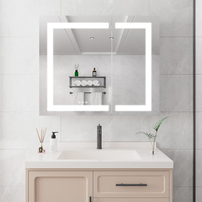 Armoire à pharmacie 36 po x 30 po avec miroir de meuble-lavabo à DEL, anti-buée, encastrée ou à fixation en surface, grande porte à double porte avec rangement 3000K ~ 6000K avec interrupteur tactile