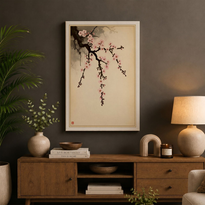 Moonlit Cherry Blossom Japandi - Wrapped Canvas, 30x20 - 76.2 x 50.8 cm, White Border