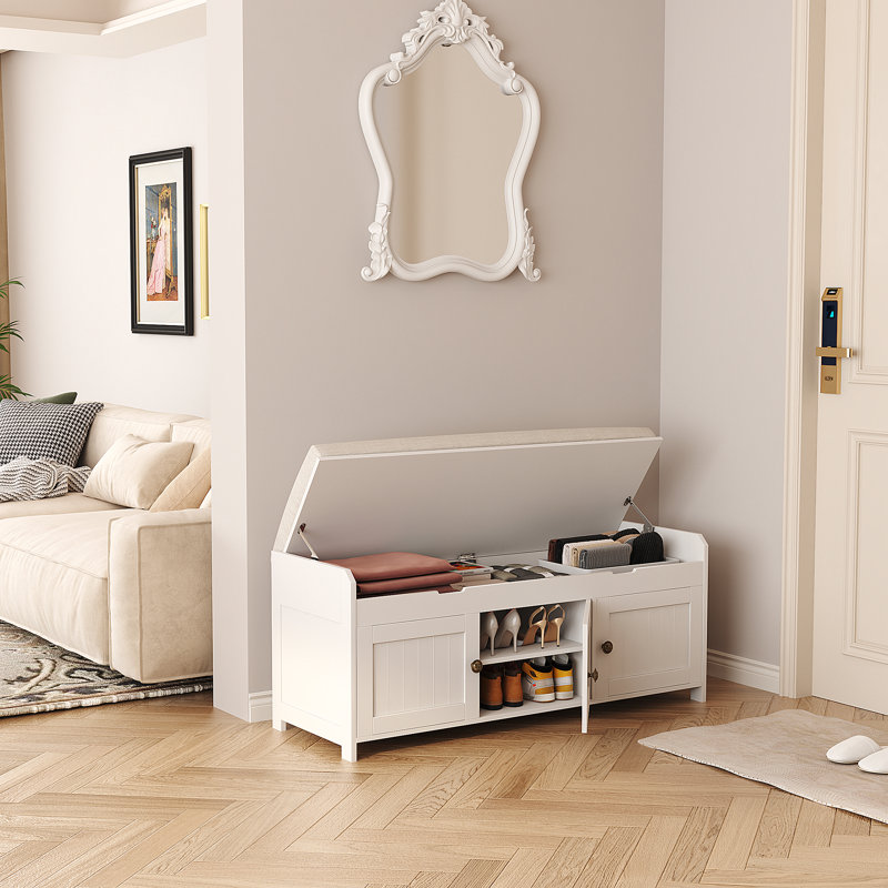  41.3" Shoe Bench with Lift Top Storage,10 Pair Linen Blend Upholstered Shoe Storage Bench, White