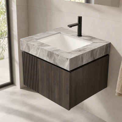 Meuble-lavabo flottant mural 24 po avec plateau en pierre frittée, fermeture en douceur, trou de robinet simple