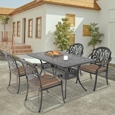 5-Piece 58.27"L 34.68"W Rectangular Table Cast Aluminum Outdoor Dining Set with Umbrella Hole and Brown Cushions