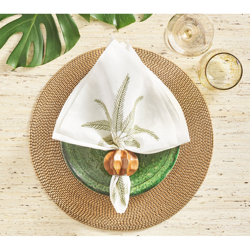 Palm Coast Linen Napkin, White/Green/Gold
