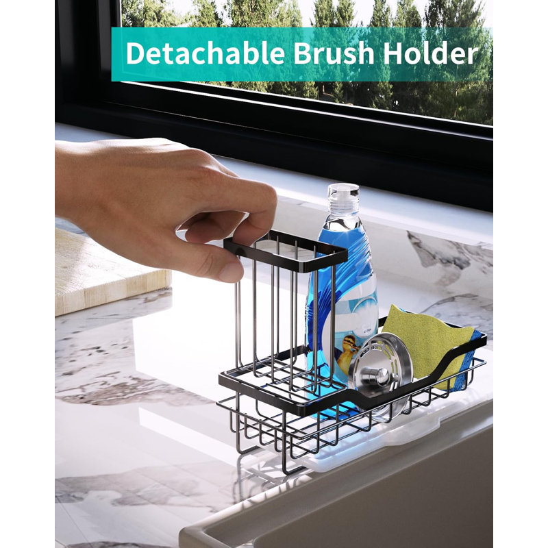 Organisateur de bac d'évier avec porte-brosse amovible et plateau de drainage, éponge de cuisine en acier inoxydable antirouille et rangement pour récureur avec conception de drainage creux et base antidérapante