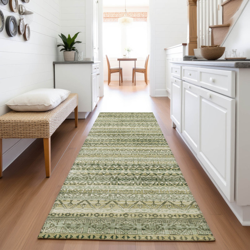 Machine Washable Indoor/Outdoor Xhevrie Green Rug, Runner 2'3" x 7'6"