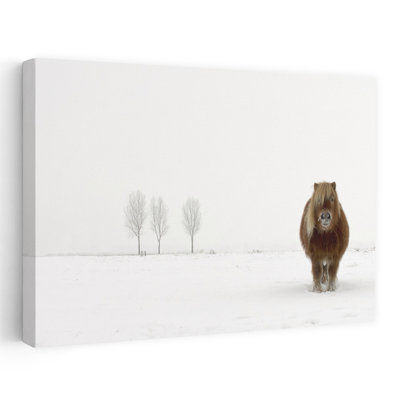 Winter Pony In Snow Minimalist Peaceful Serene Horse Landscape Nature Wall Art Print by Gert Van Den - Wrapped Canvas Print