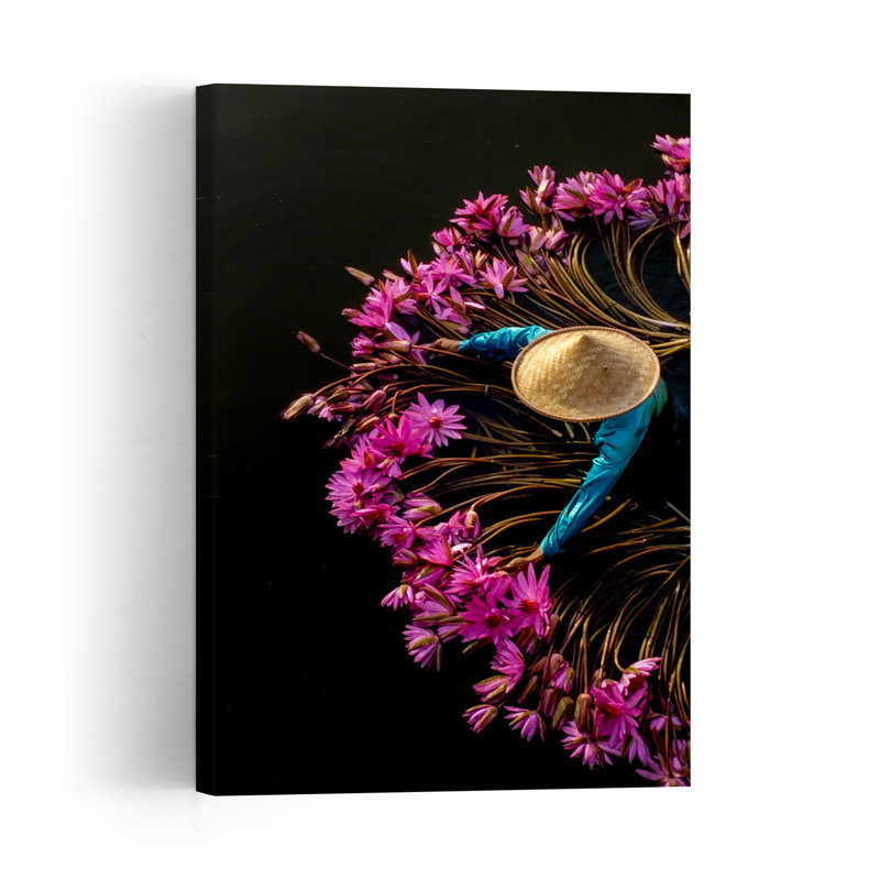 Pink Lotus Harvest Peaceful Serene Traditional Lily Lotus Flower Nature Wall Art Print 1 Piece Wrapped Canvas Wall Art