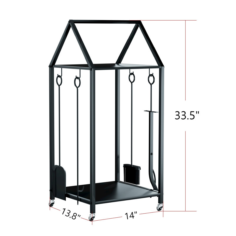 Cantarero 14'' W Metal Log Rack on Wheels with 4 Piece Fireplace Tool Set for Hearth