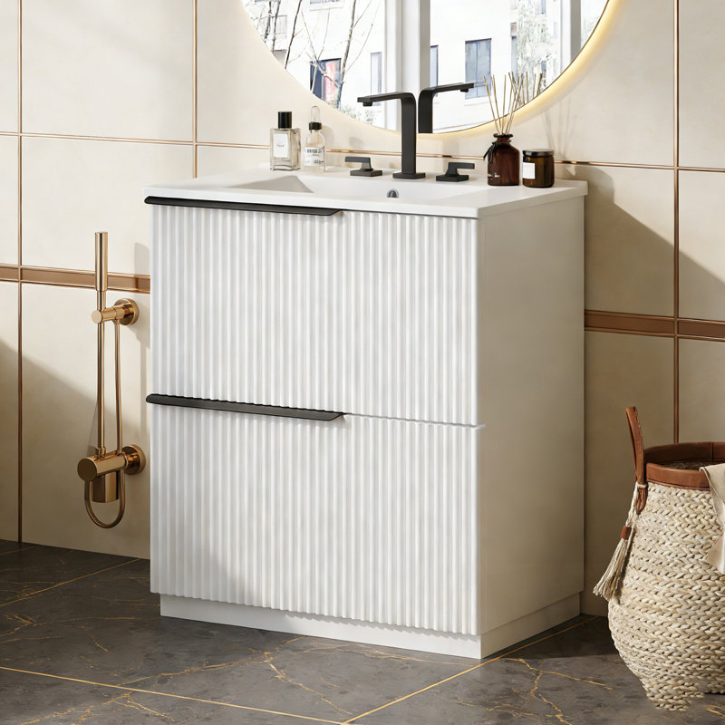 Meuble-lavabo avec lavabo, 2 tiroirs et poignées en métal, Blanc