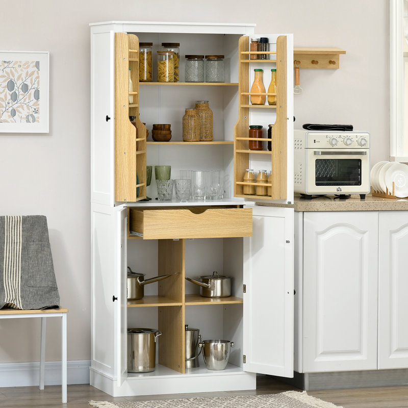 Garde-manger de 72 po, armoire de rangement moderne à 4 portes avec tiroir intérieur, tablettes à portes suspendues, étagère à 5 niveaux et tablette réglable, blanc