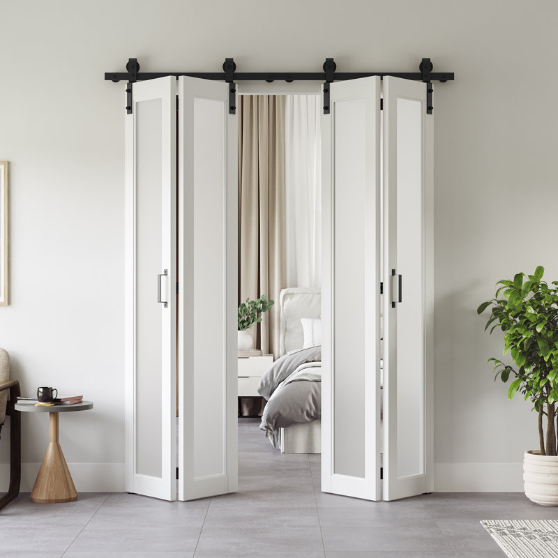 Portes de grange doubles en verre givré 1-Lite avec ensemble de quincaillerie d'installation, L 56 po x H 84 po
