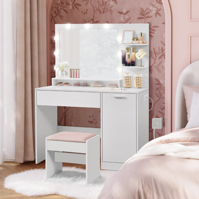 43.3" W Makeup Vanities  With Upholstered Vanity Stool, Power Outlets, Dimmable Led Lights