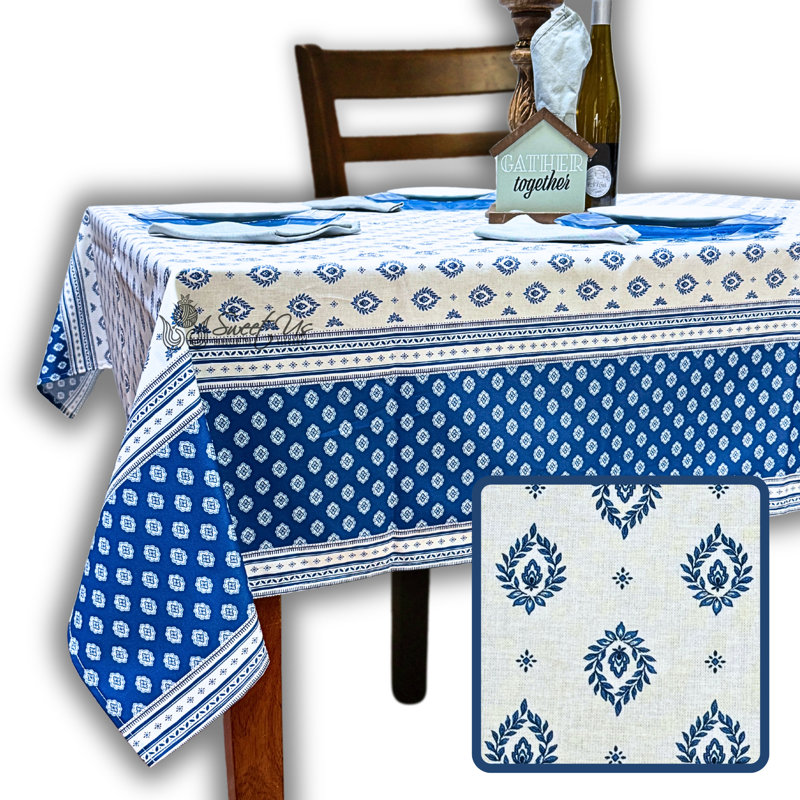Wipeable Stain Resistant Acrylic Coated French Provencal Cotton Floral Tablecloth, Blue, 60" W x 116" L