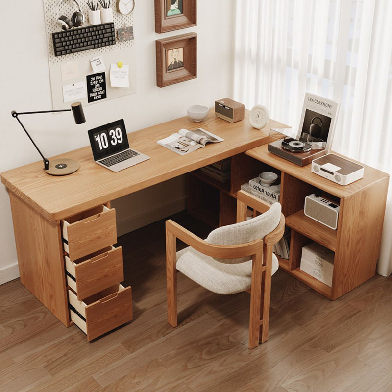 Bureau brun en L en bois massif avec 3 tiroirs, 29.53" H x 62.99" W x 21.65" D, Left Hand Return