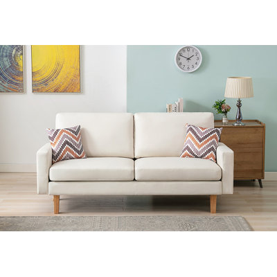 70-Inch Beige Linen Sofa With Two Throw Pillows For Comfortable Everyday Seating And Stylish Living Room Decor.