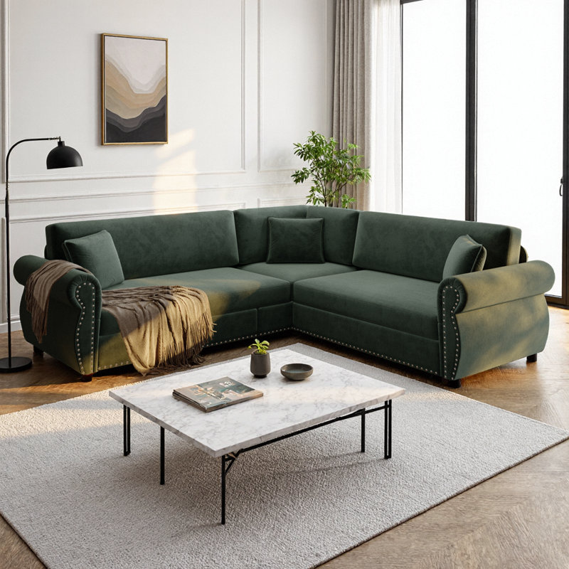 Canapé modulaire en L 88,2 po avec lit escamotable, canapé-lit convertible 5 places avec garniture cloutée, canapé-lit surdimensionné en chenille pour salon et chambre d'amis