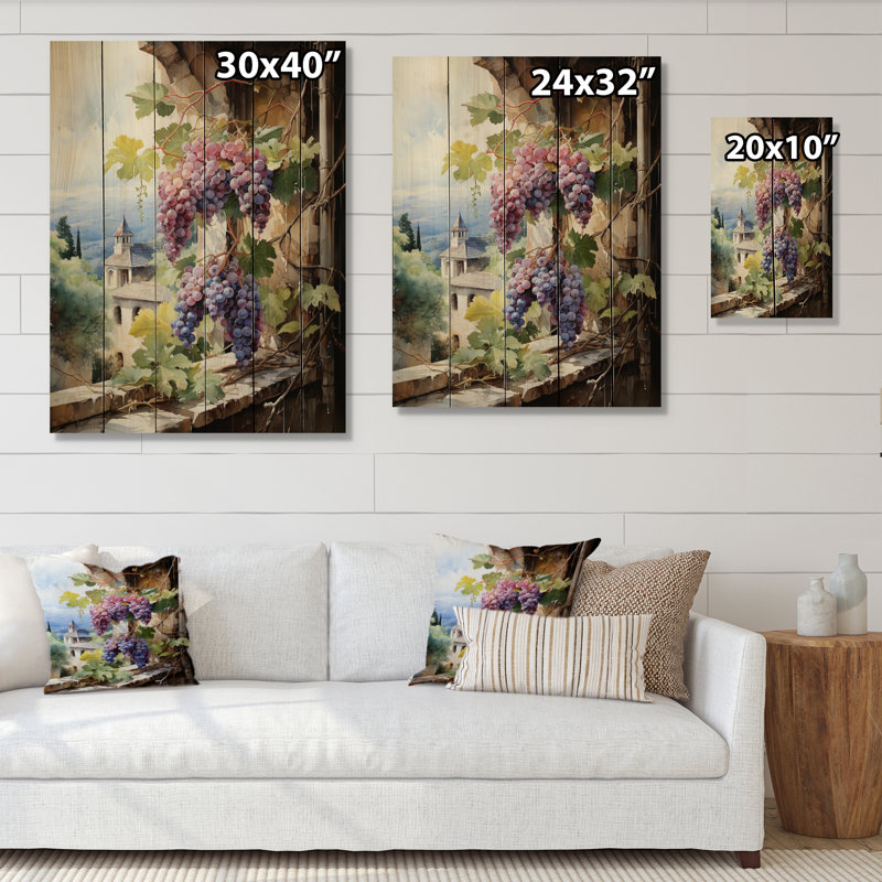 Motif de vignes vertes et mauves sur bois, H 20 po x l 10 po x P 0,78 po