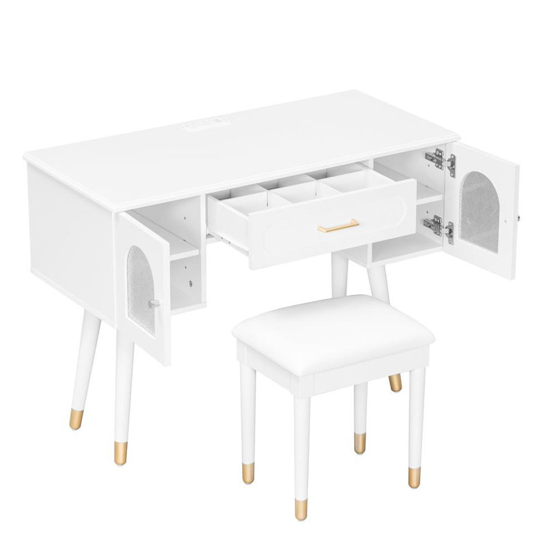Vanity Makeup Table & Chair Set with Spacious Storage and Built-in Power Strip, Perfect for Organized Beauty Routines., White