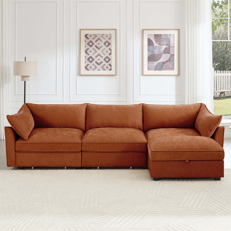 Canapé modulaire en L à 3 places avec repose-pieds mobile, accoudoirs en forme de croissant et coussins enveloppants, tissu chenille doux en orange
