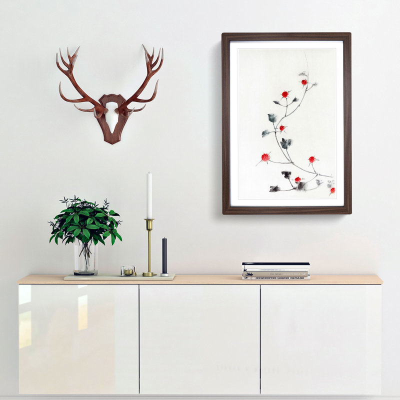 Small Red Blossoms on a Vine by Katsushika Hokusai - Picture Frame Painting Print, Walnut Framed, 65cm H x 48cm W x 2cm D