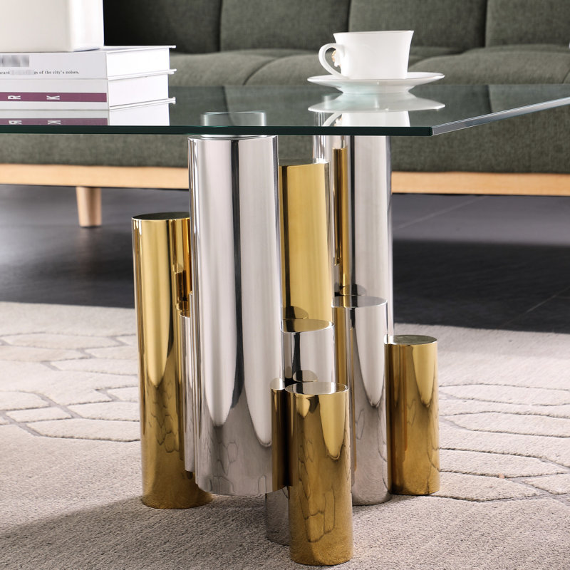 Table rectangulaire 48 po en acier inoxydable avec verre transparent - café moderne pour salle de conférence, poli doré trempé