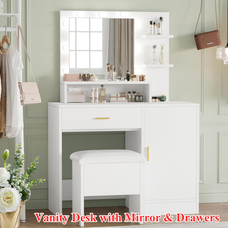 Bureau de coiffeuse avec miroir et 9 ampoules DEL, Blanc